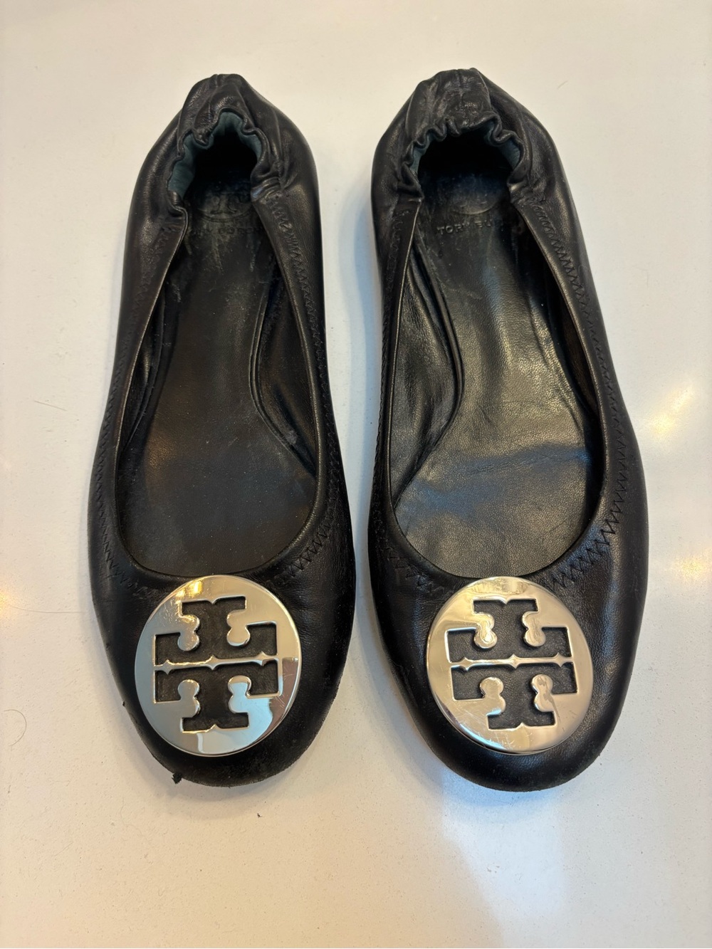 Tory Burch Black Leather Reva Ballet Flats with Silver Logo Medallion